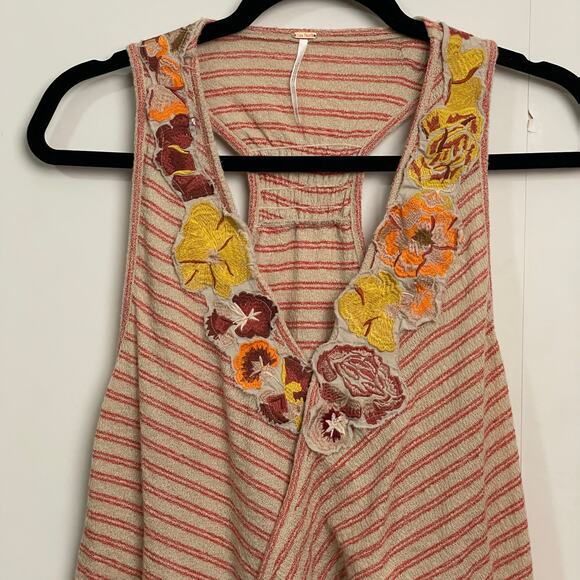 Free People XS stripe floral tank top summer beach cream bohemian boho casual - Picture 2 of 8